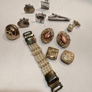 Lot of Vintage Cuff Links Button Covers Tie Pin Faux Pearl Cardigan Clip